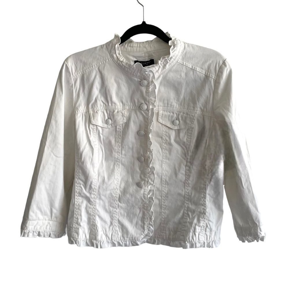 SANDRO White Cotton Stretch Button Front Jacket Ruffle Hem White L